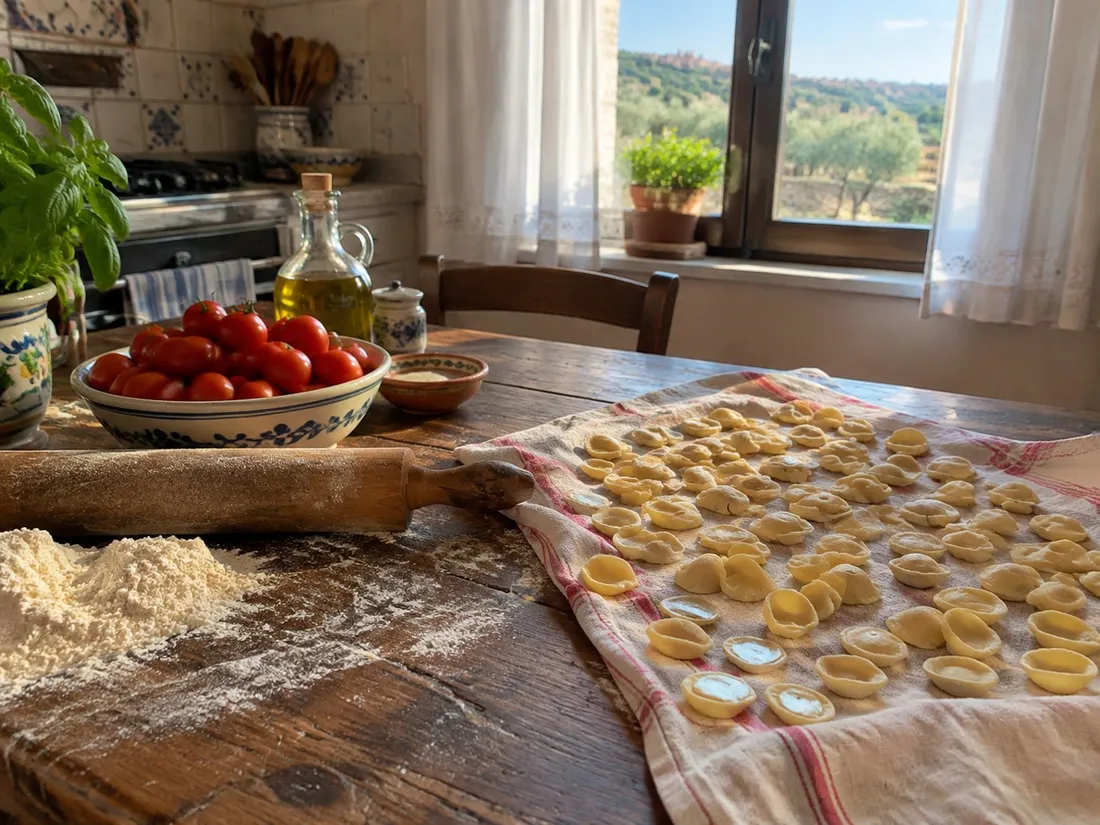 An old Italian home kitchen with fresh pasta drying on the table